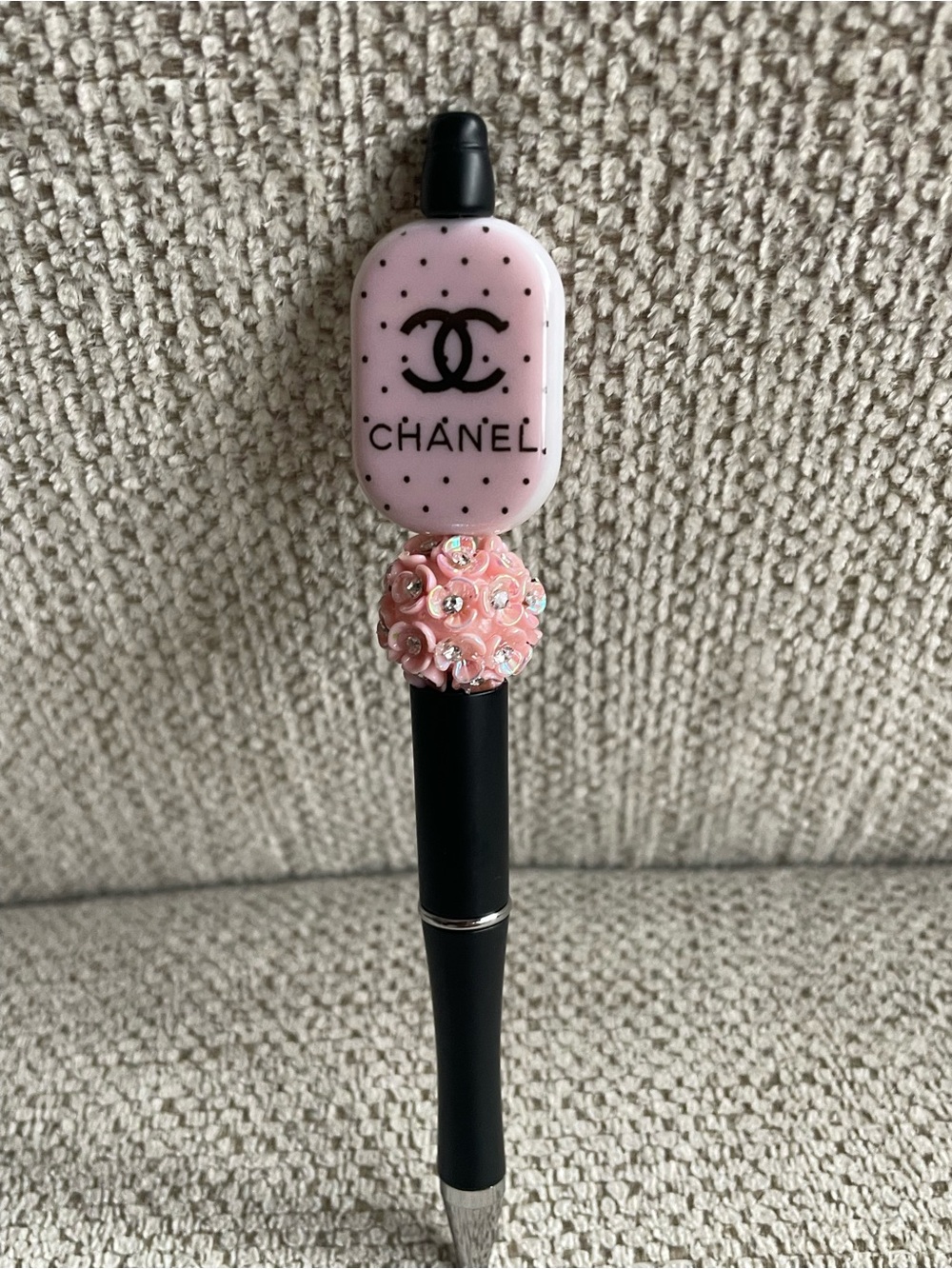 Focal Black Pen with Pale Pink Logo Top and Pink Floral Bead